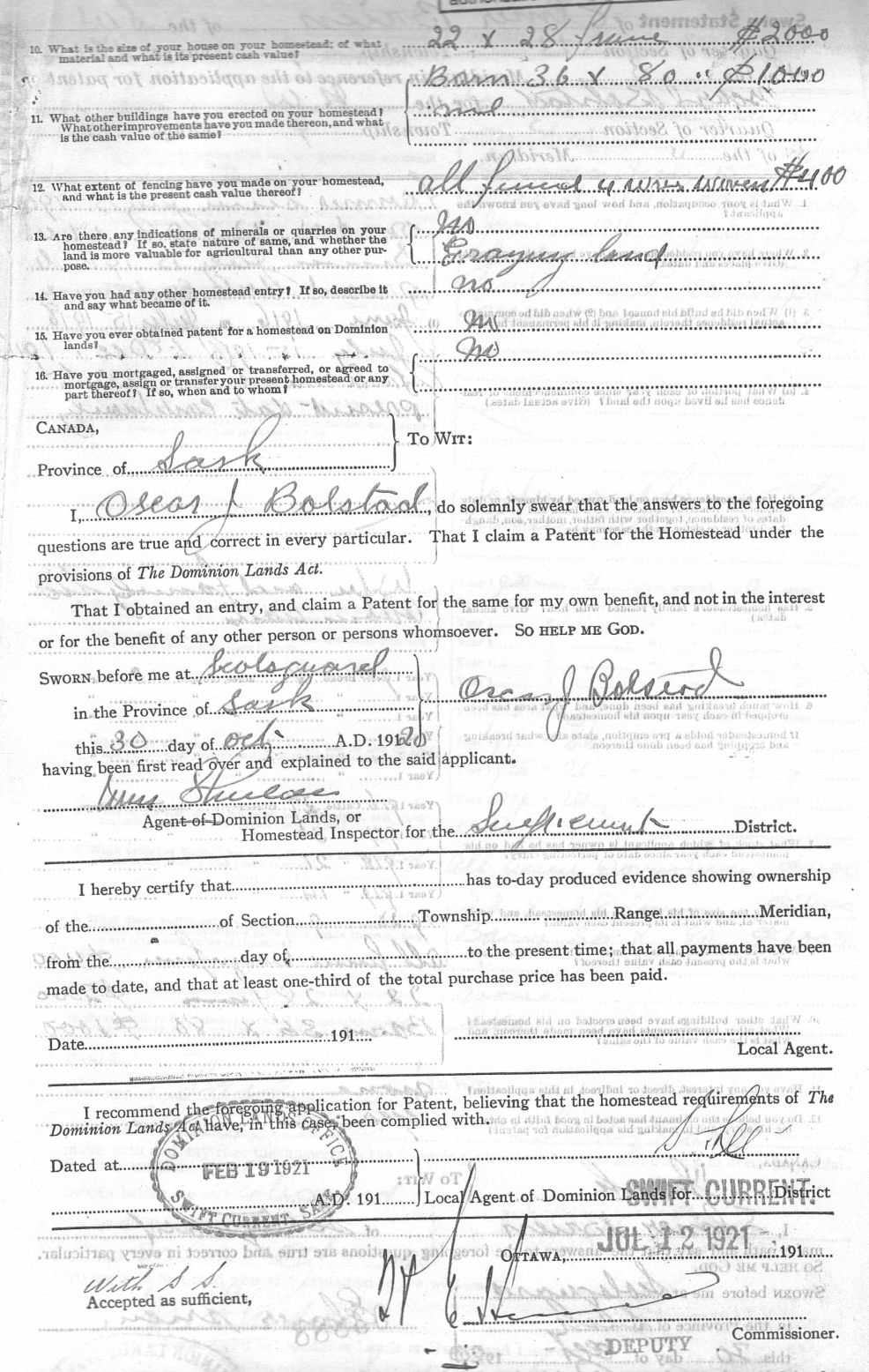 Page 2 of Application for  a Homestead PATENT in Scotsguard Saskatchewan - Oscar J. Bolstad